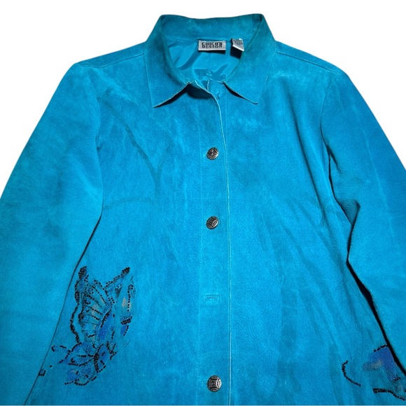 CHICO’S DESIGN‎ SUEDE LEATHER TURQUOISE BUTTERFLY EMBELLISHED JACKET SZ 1 - Picture 4 of 9